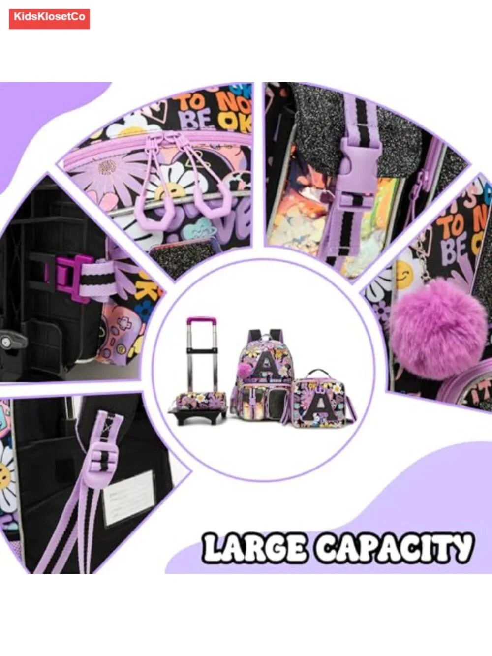 3 in 1 Rolling Backpack for Girls with Lunch Box and Pencil Case, Kids Luggage